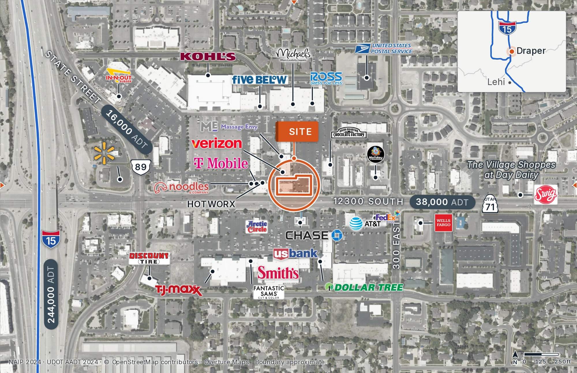 CRE Maps listing map of a retail site on 12300 South near State Street in Draper, Utah, showing the site outline, nearby businesses including Kohl's, Smith's, Chase and Verizon, and daily traffic counts of 38,000 on 12300 South, 16,000 on State Street and 244,000 on I-15